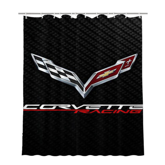Corvette Logo Carbon Bathroom Shower Curtain Fabric Waterproof | 66 X 72 Inch