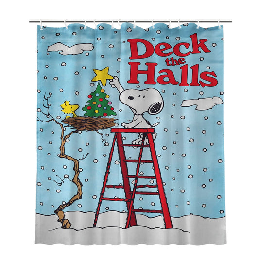 Deck The Halls Snoopy And Woodstock Christmas Bathroom Shower Curtain Fabric Waterproof