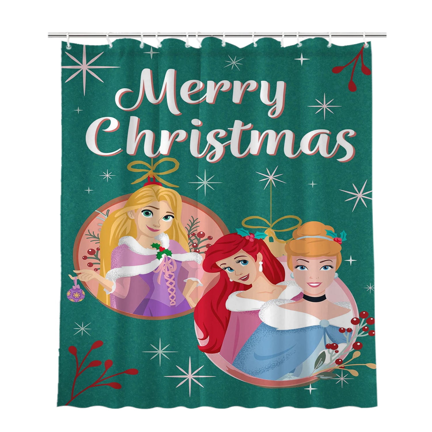 Disney Princess Christmas Ornaments Bathroom Shower Curtain Fabric Waterproof | 66 X 72 Inch