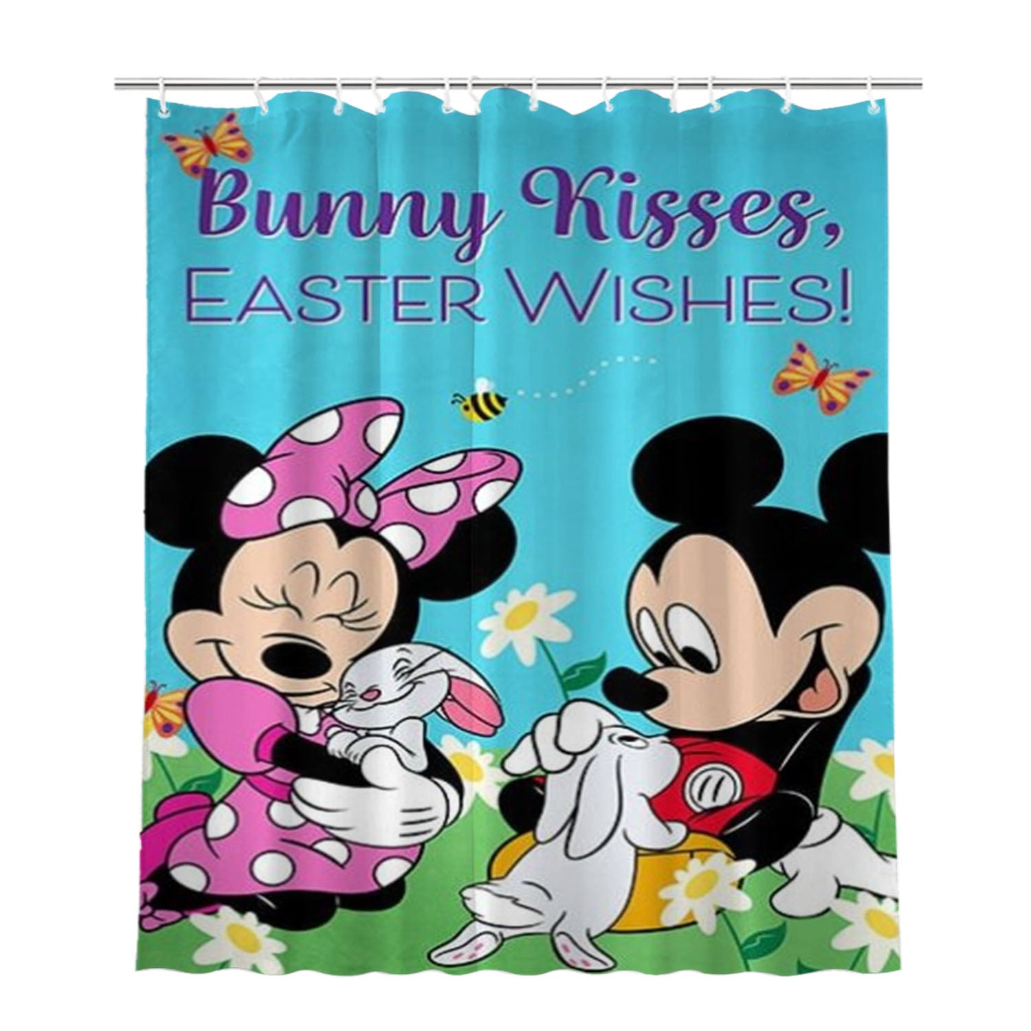 Easter Bunny Kisses Mickey And Minnie Bathroom Shower Curtain Fabric Waterproof | 66 X 72 Inch