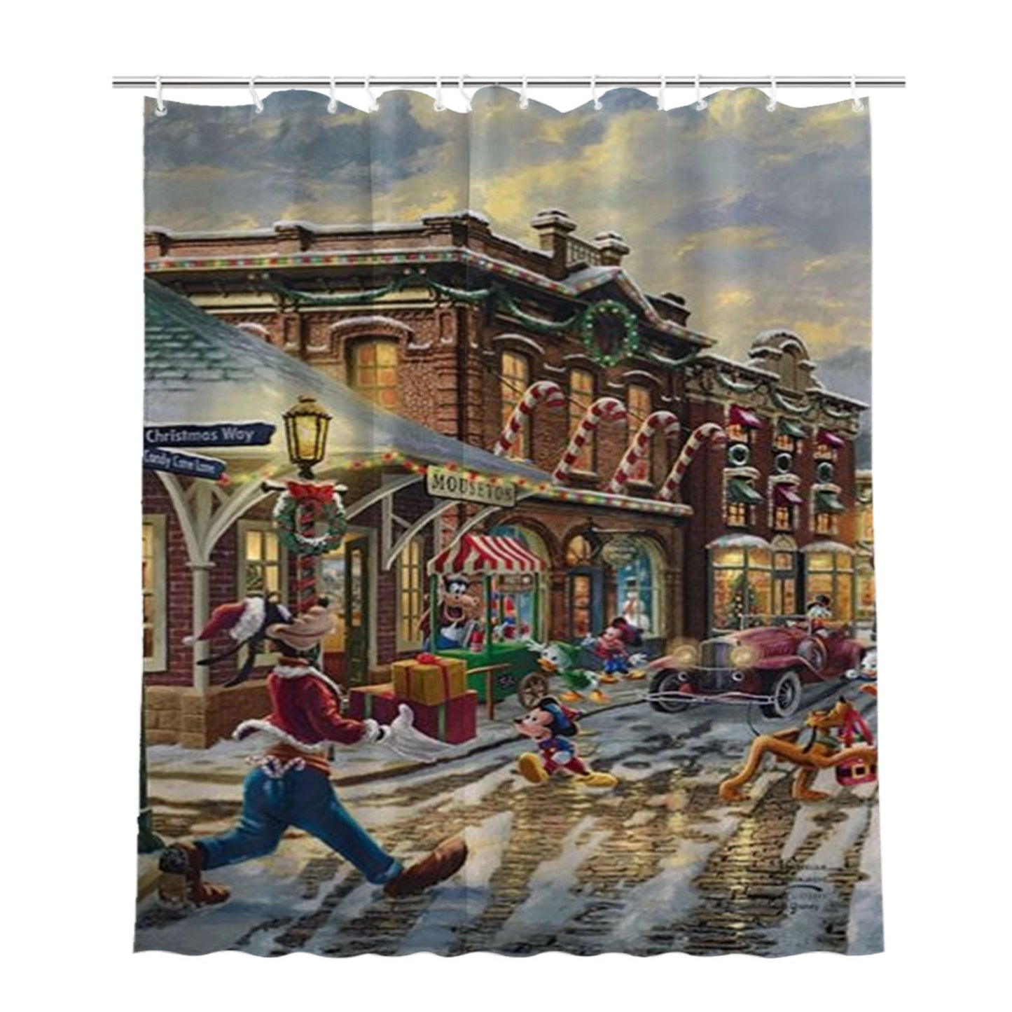 Goofy And Pluto Candy Cane Express Bathroom Shower Curtain Fabric Waterproof | 66 X 72 Inch