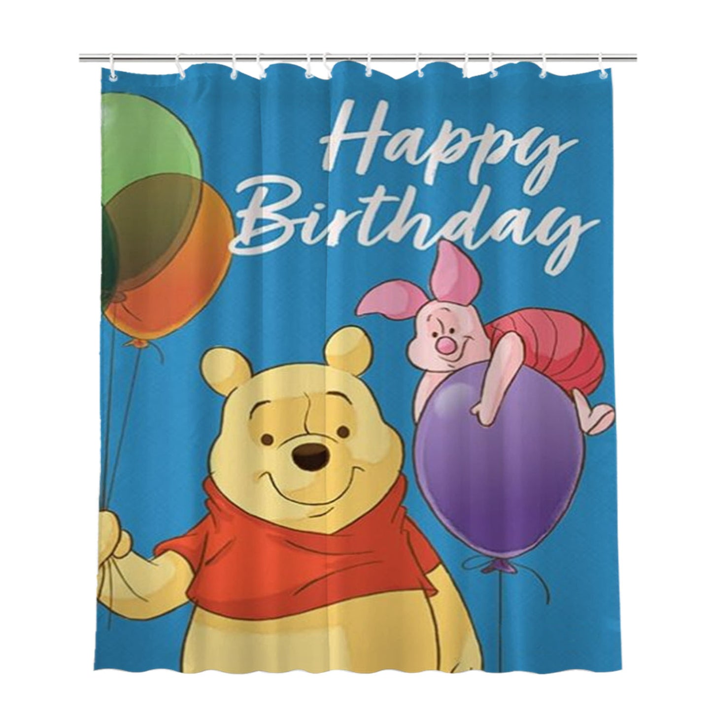 Happy Birthday Balloons Pooh & Piglet Bathroom Shower Curtain Fabric Waterproof | 66 X 72 Inch