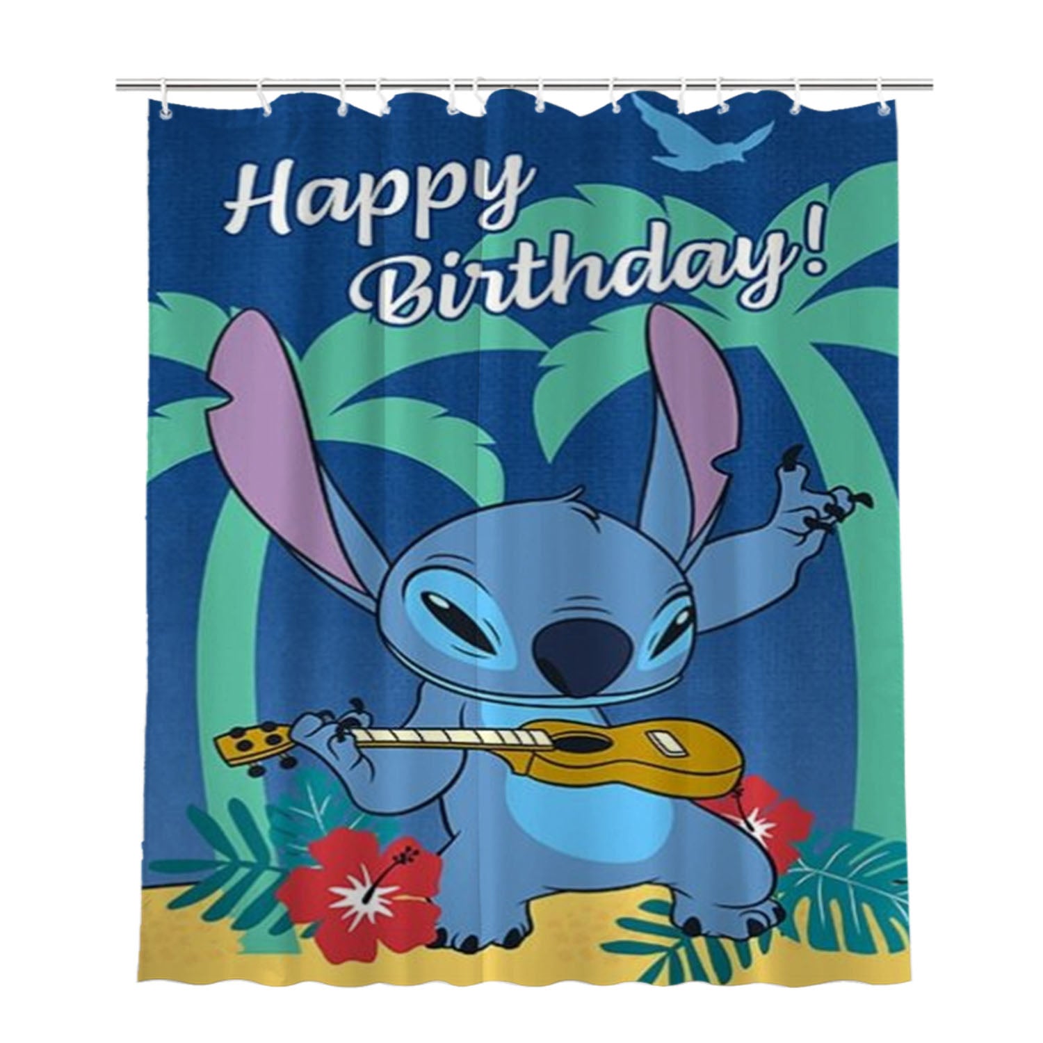 Happy Birthday Stitch Bathroom Shower Curtain Fabric Waterproof | 66 X 72 Inch