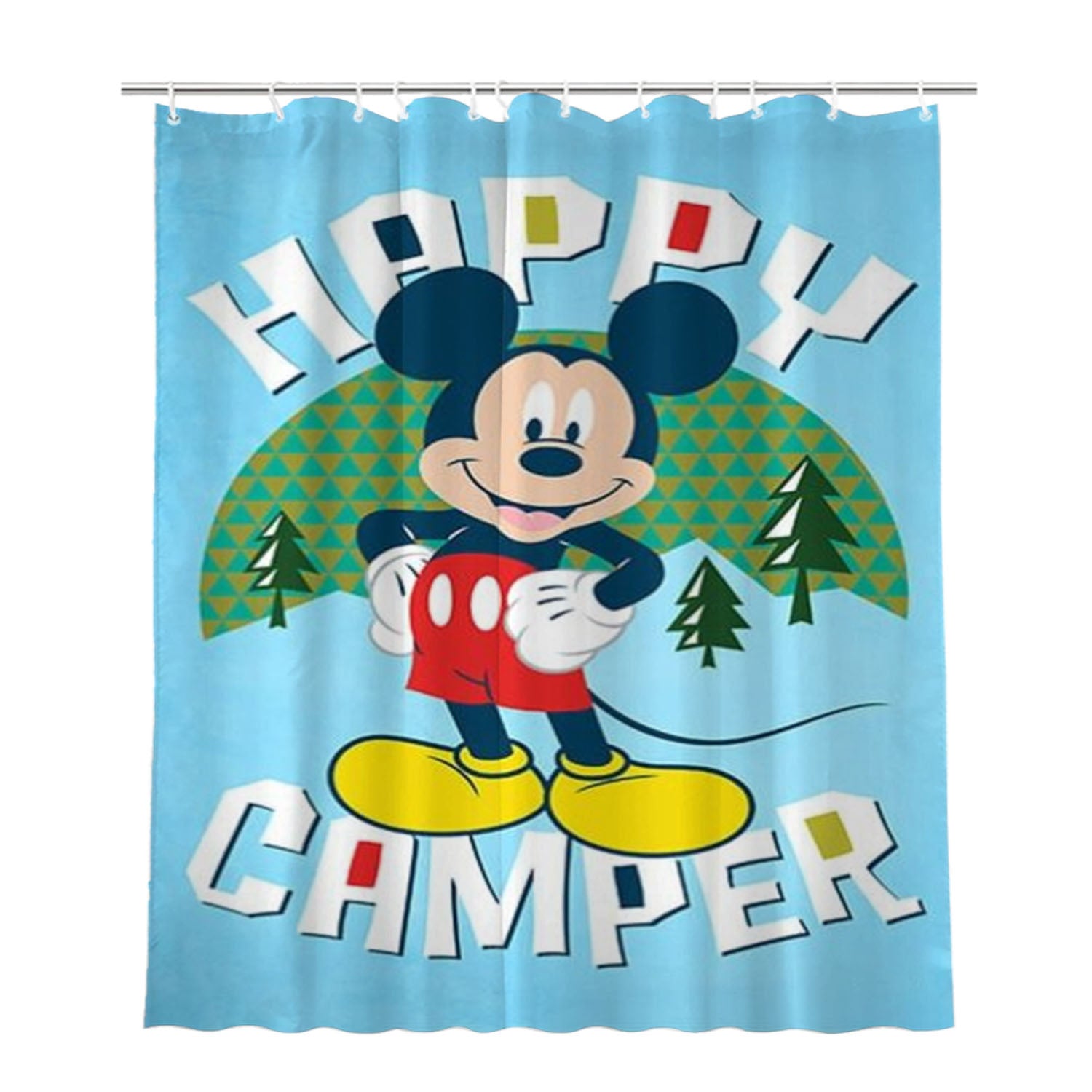 Happy Camper Mickey Bathroom Shower Curtain Fabric Waterproof | 66 X 72 Inch
