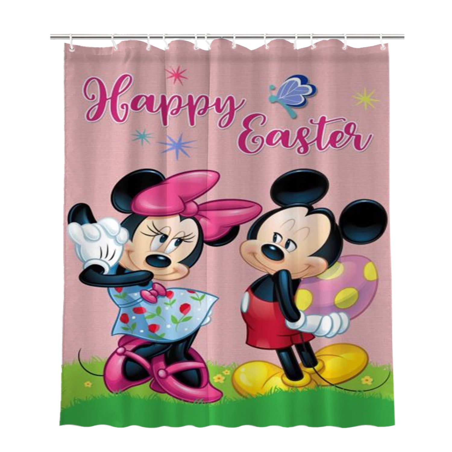 Happy Easter Mickey & Minnie Bathroom Shower Curtain Fabric Waterproof | 66 X 72 Inch
