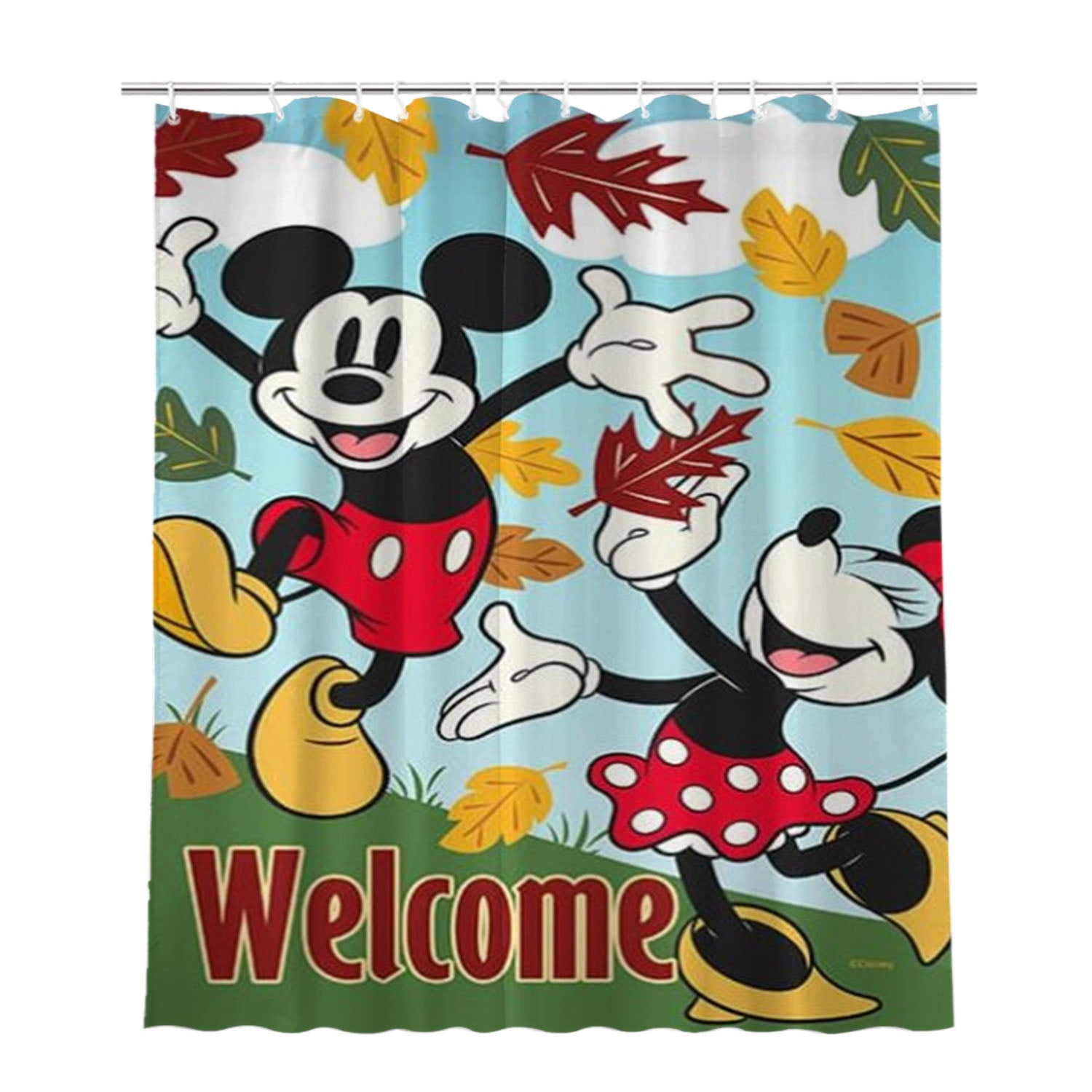 Happy Fall Leaves Mickey And Minnie Bathroom Shower Curtain Fabric Waterproof | 66 X 72 Inch