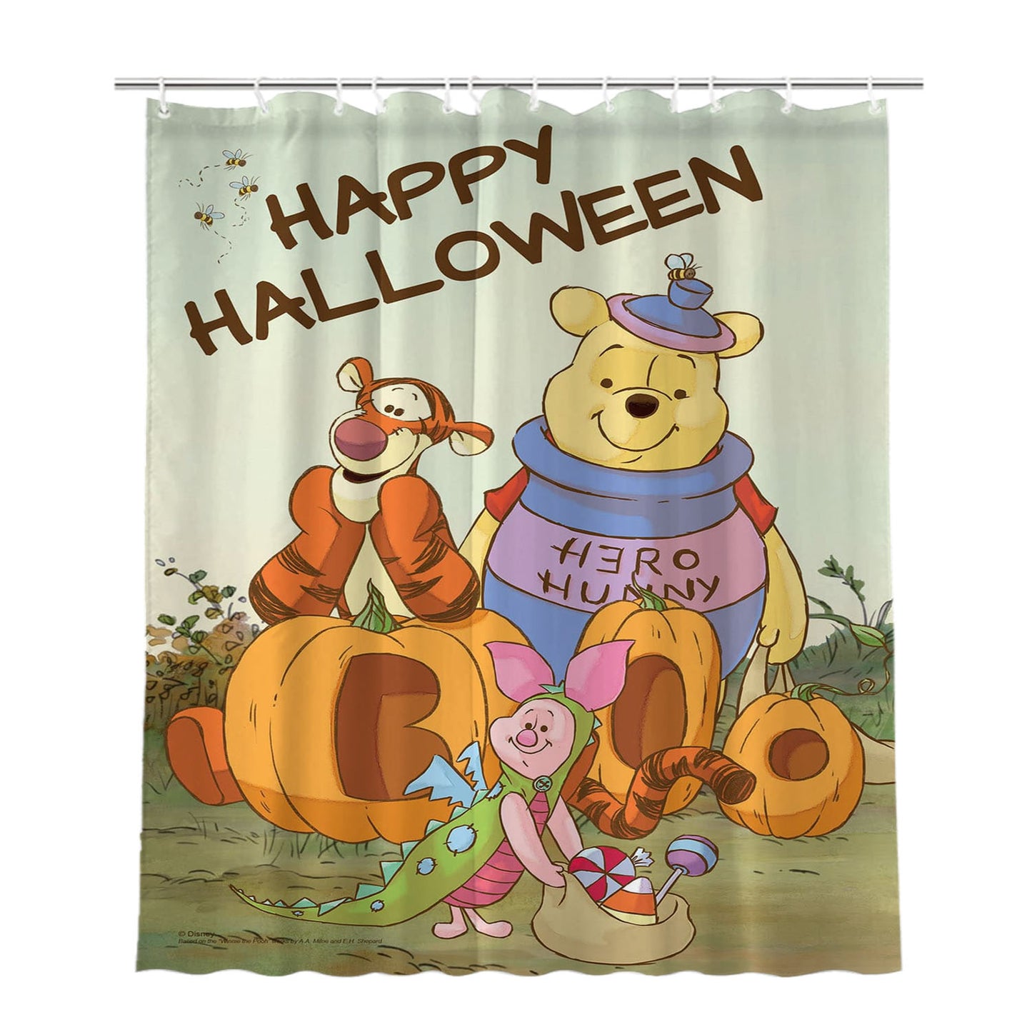 Happy Halloween Pooh Bathroom Shower Curtain Fabric Waterproof | 66 X 72 Inch