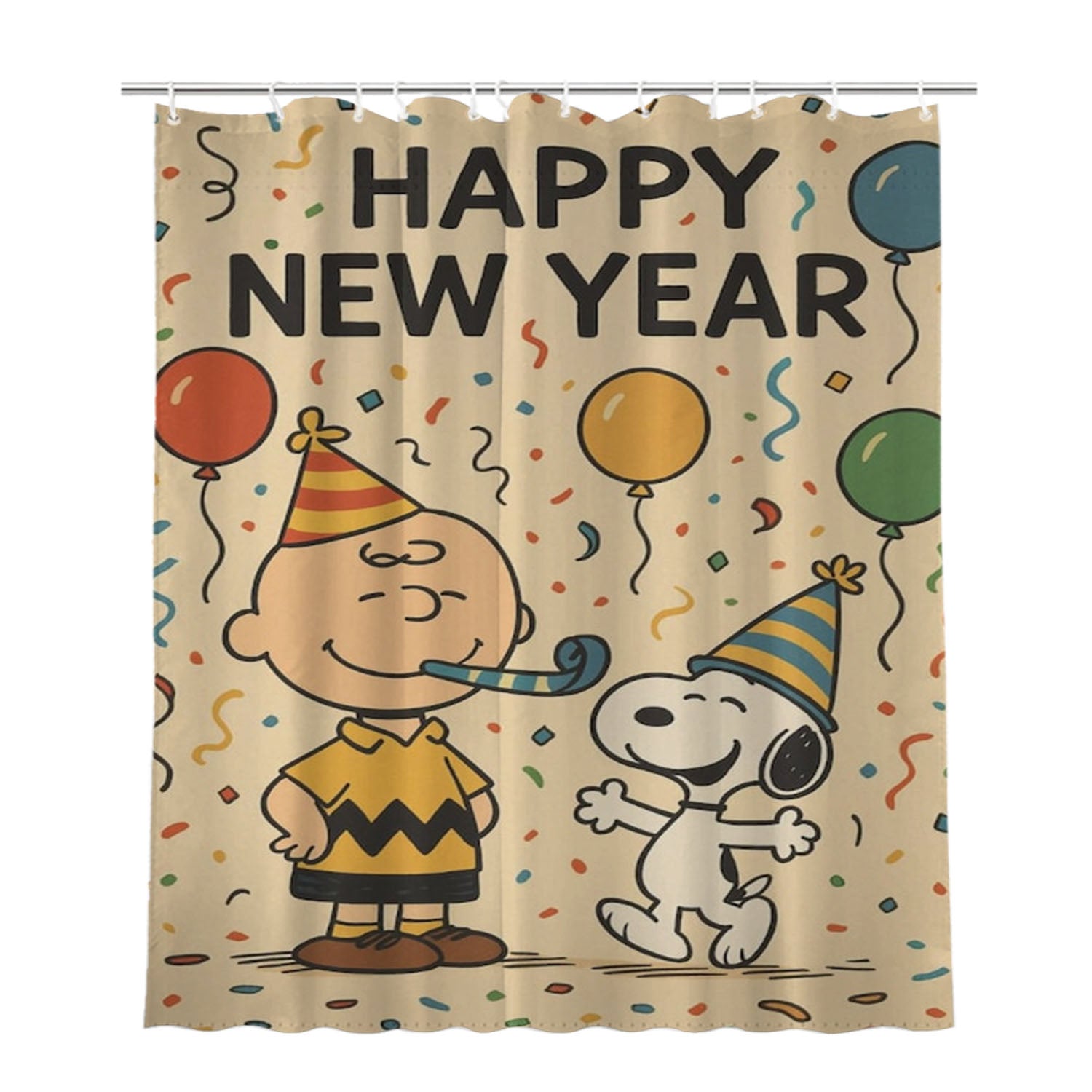 Happy New Year Charlie Brown And Snoopy Bathroom Shower Curtain Fabric Waterproof | 66 X 72 Inch