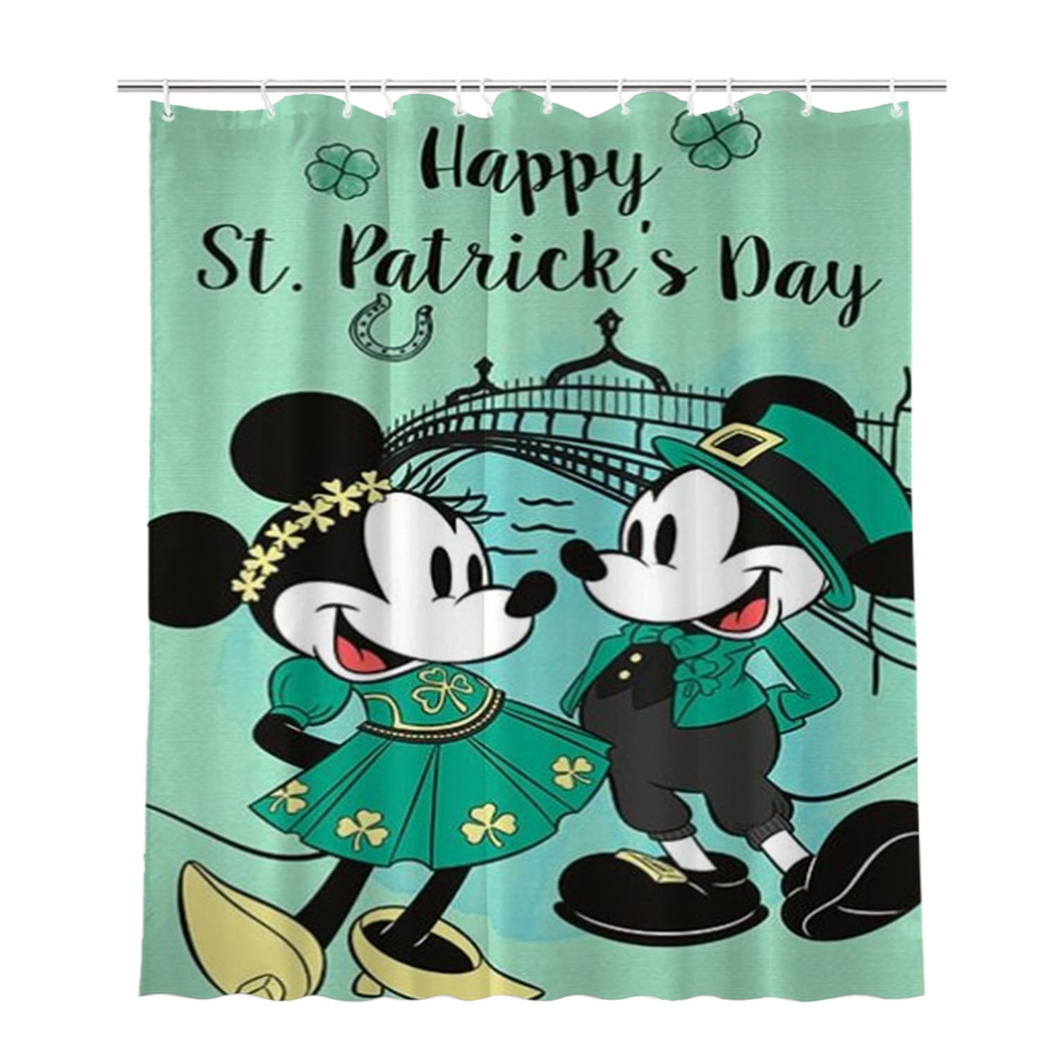 Happy St. Patrick’S Day Mickey & Minnie Bathroom Shower Curtain Fabric Waterproof | 66 X 72 Inch