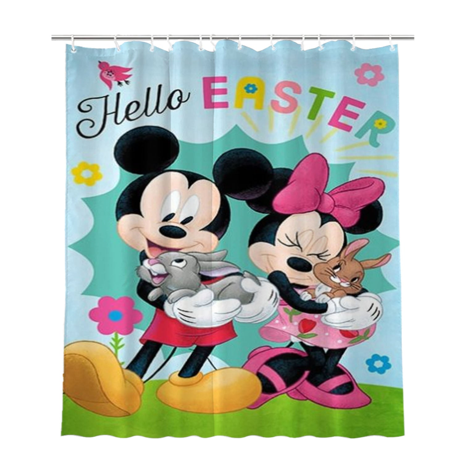 Hello Easter Mickey And Minnie Bathroom Shower Curtain Fabric Waterproof | 66 X 72 Inch