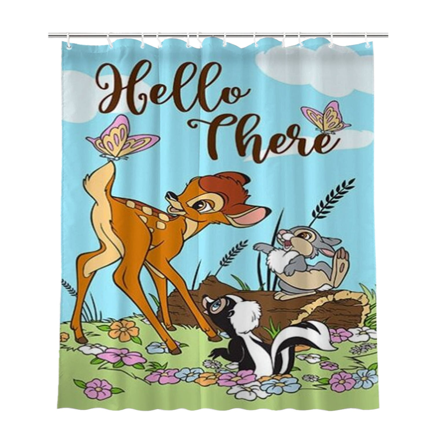 Hello There Spring Bambi Bathroom Shower Curtain Fabric Waterproof | 66 X 72 Inch
