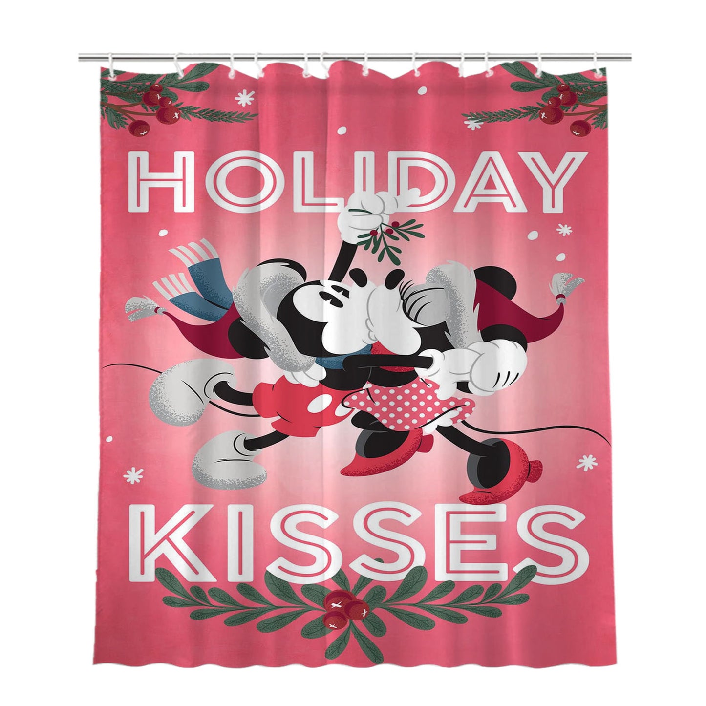Holiday Kisses Mickey & Minnie Bathroom Shower Curtain Fabric Waterproof | 66 X 72 Inch