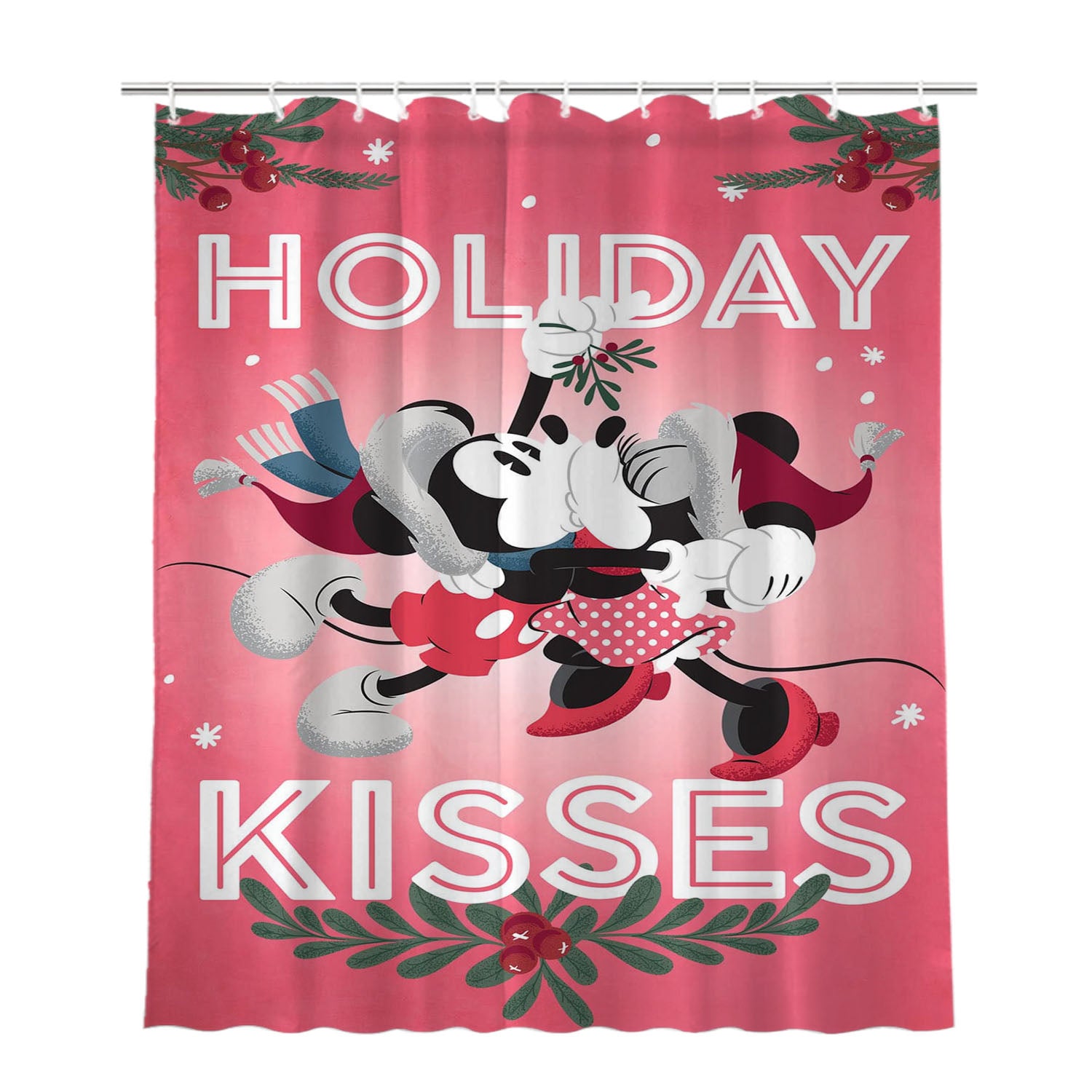 Holiday Kisses Mickey & Minnie Bathroom Shower Curtain Fabric Waterproof | 66 X 72 Inch