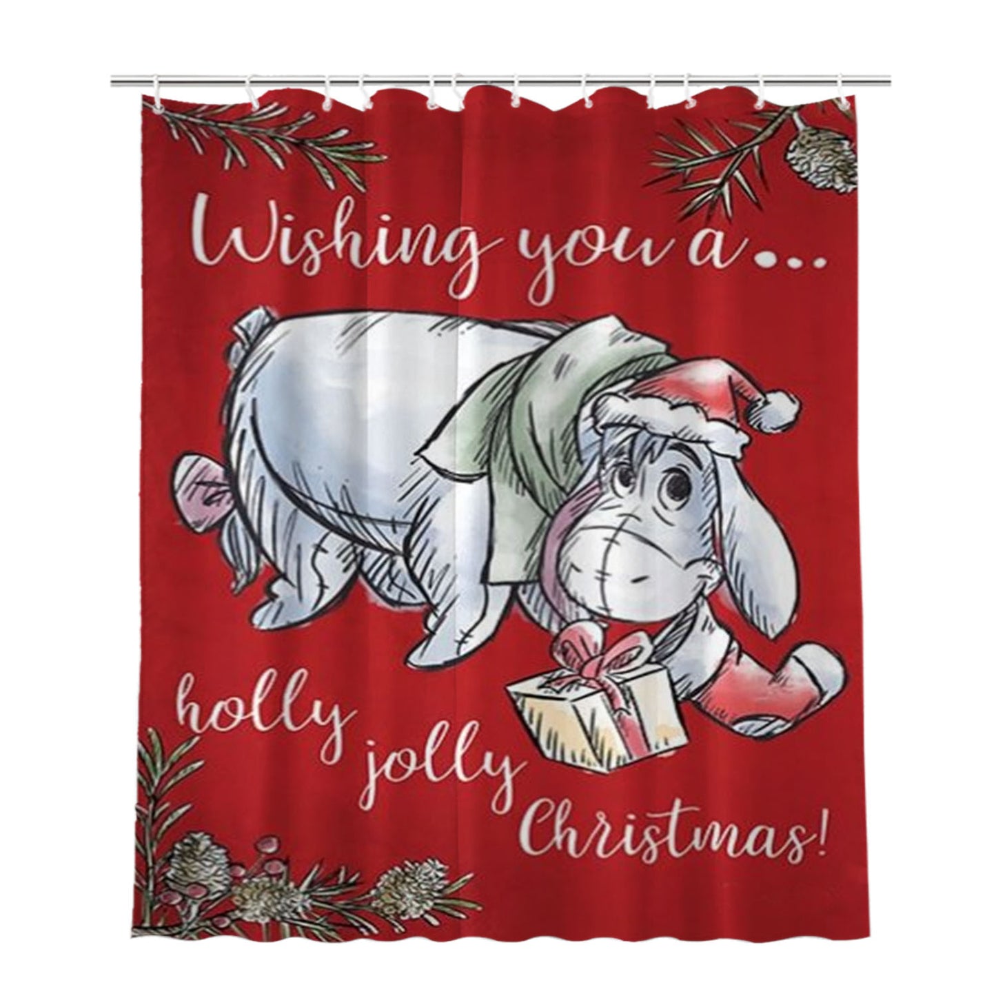 Holly Jolly Christmas Eeyore Bathroom Shower Curtain Fabric Waterproof | 66 X 72 Inch