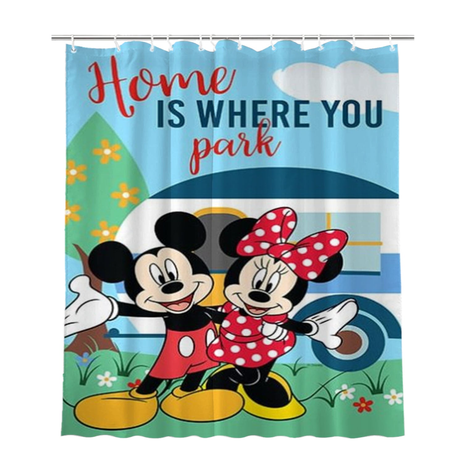 Home Is Where You Park Mickey And Minnie Bathroom Shower Curtain Fabric Waterproof | 66 X 72 Inch