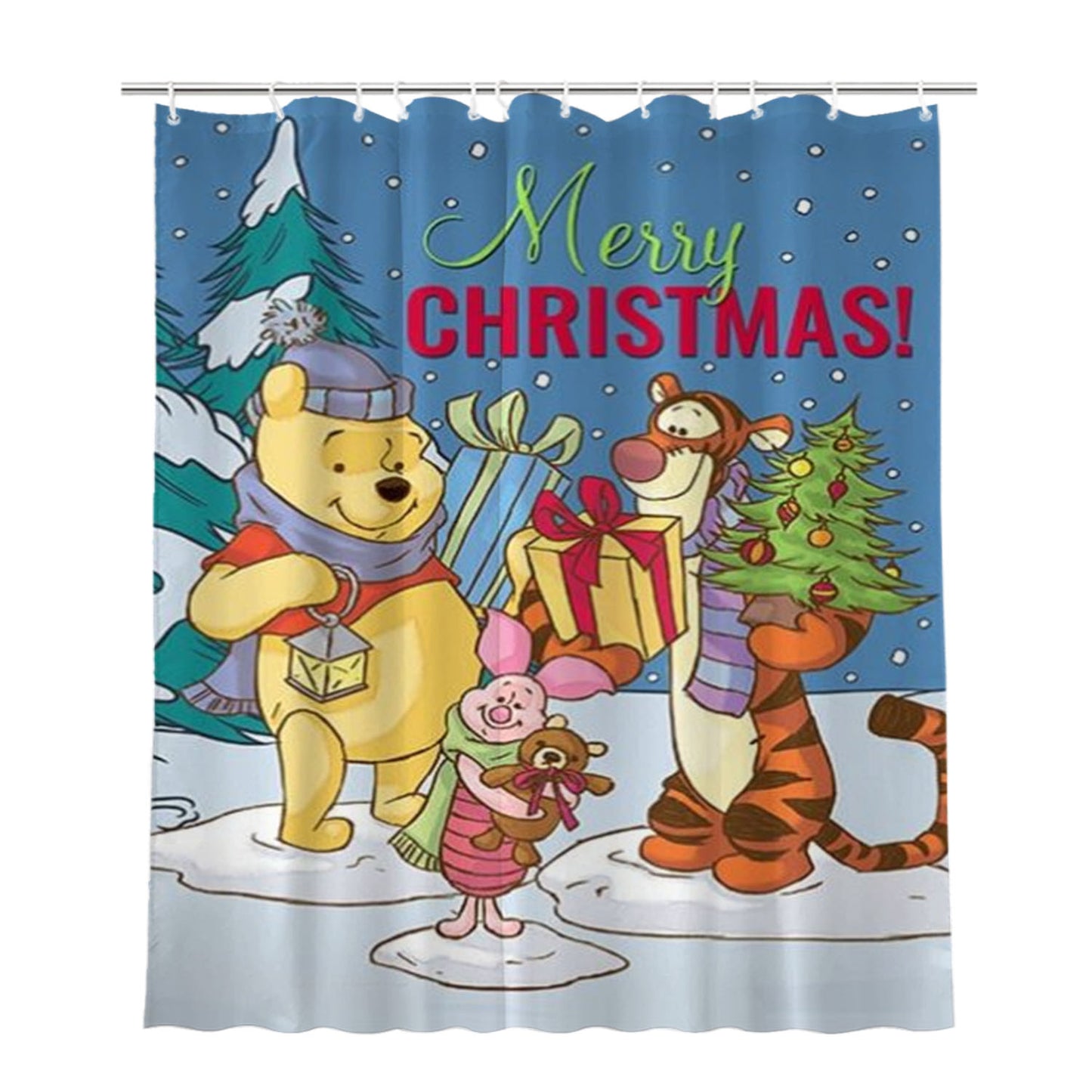 Merry Christmas Winnie The Pooh Bathroom Shower Curtain Fabric Waterproof | 66 X 72 Inch