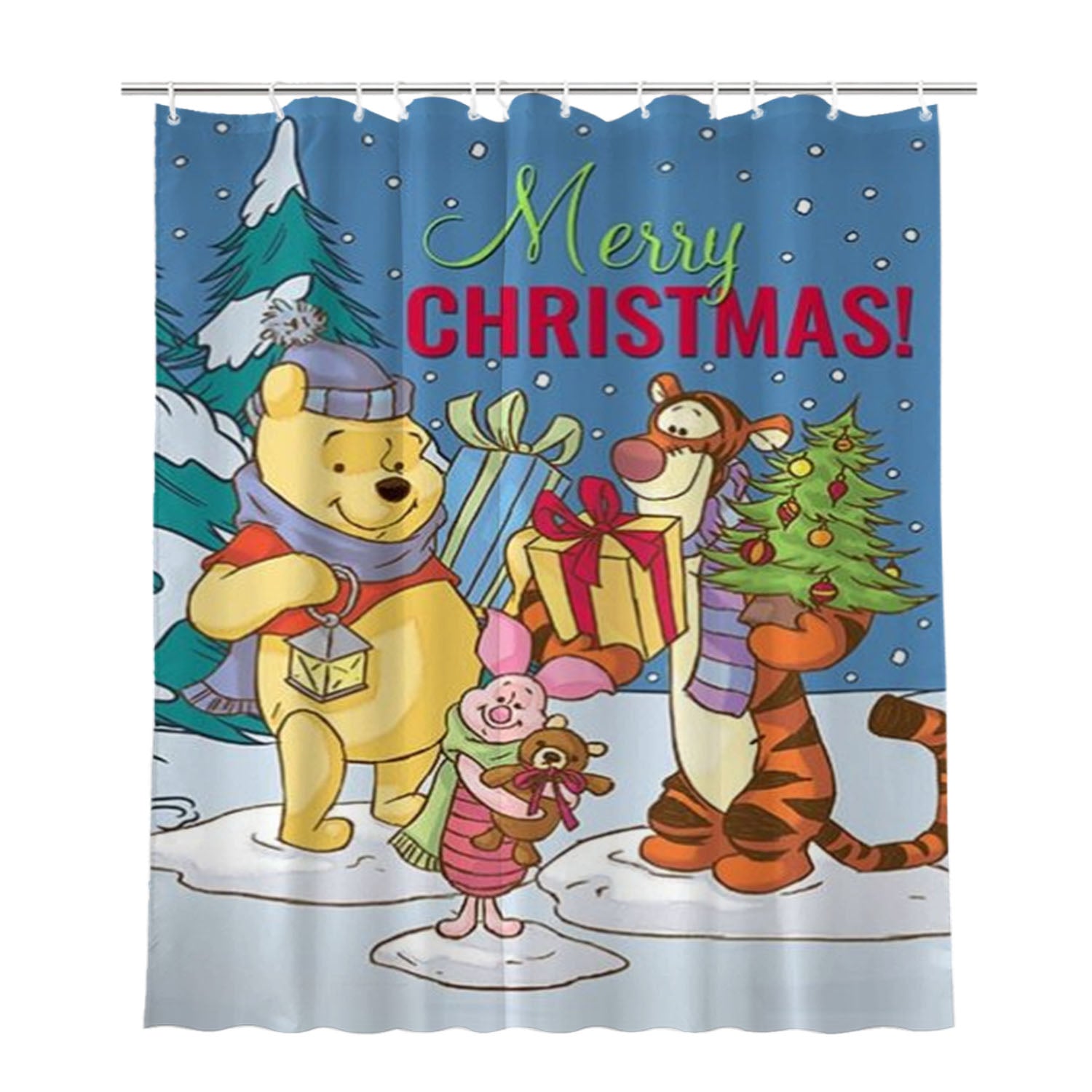 Merry Christmas Winnie The Pooh Bathroom Shower Curtain Fabric Waterproof | 66 X 72 Inch