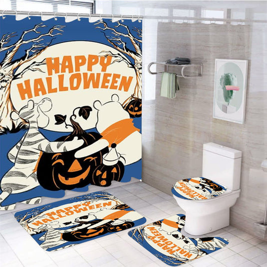 100 Acre Halloween Night 4Pcs Bathroom Non-Slip Rugs Shower Curtain Fabric Waterproof