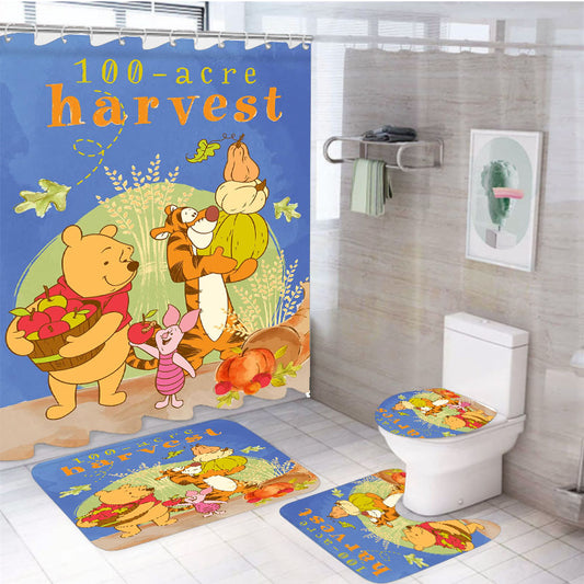 100 Acre Harvest Pooh 4Pcs Bathroom Non-Slip Rugs Shower Curtain Fabric Waterproof