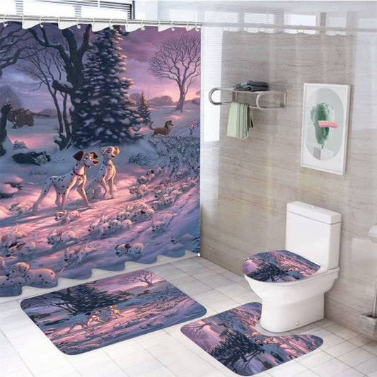 101 Dalmatians On The Run 4Pcs Bathroom Non-Slip Rugs Shower Curtain Fabric Waterproof