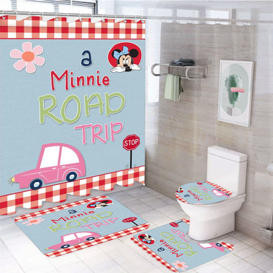 A Minnie Road Trip 4Pcs Bathroom Non-Slip Rugs Shower Curtain Fabric Waterproof