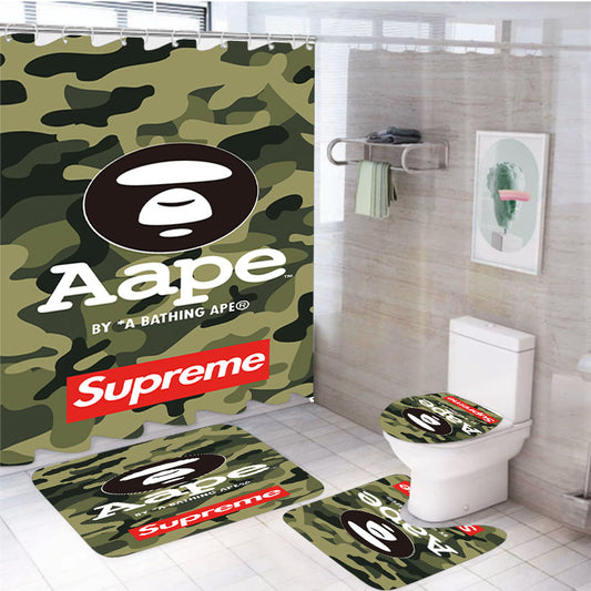 Aape Logo Camouflage Supreme 4Pcs Bathroom Non-Slip Rugs Shower Curtain Fabric Waterproof