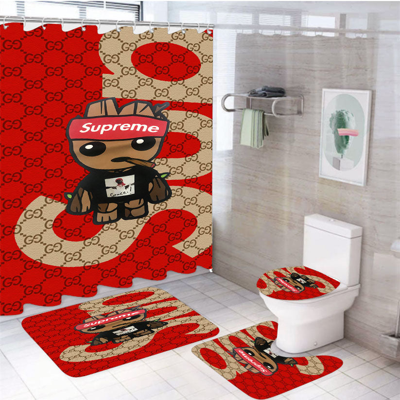 Baby Groot Supreme Gucci 2 4Pcs Bathroom Set Shower Curtain