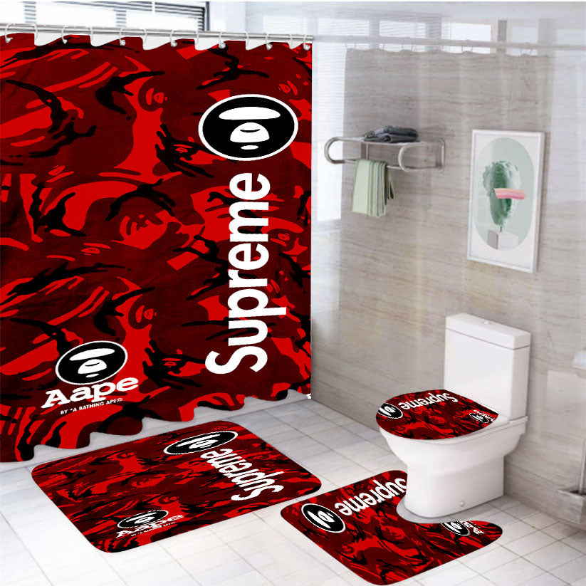 Bape Camo Shark Face Logo Red 2 4Pcs Bathroom Set Shower Curtain
