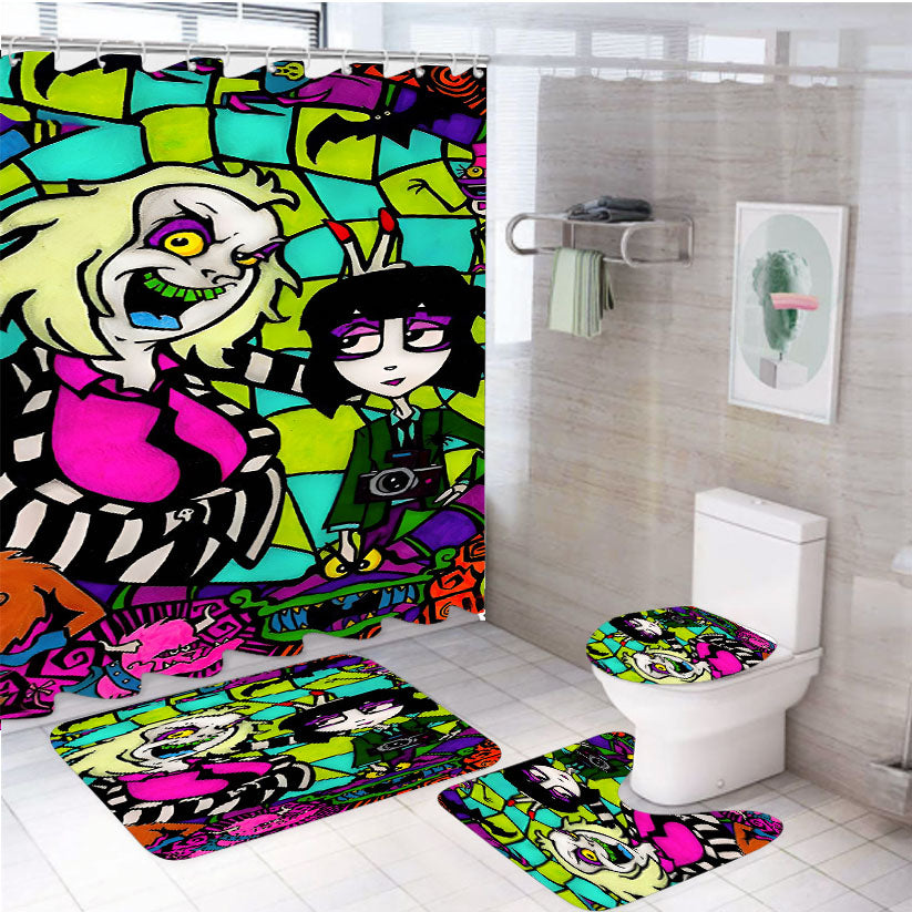 Beetlejuice Tim Burton Cartoon Glass 4Pcs Bathroom Set Shower Curtain