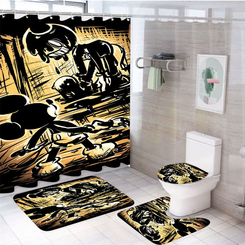 Bendy The Ink Machine Creepy Scary Mickey Mouse 4Pcs Bathroom Set Shower Curtain