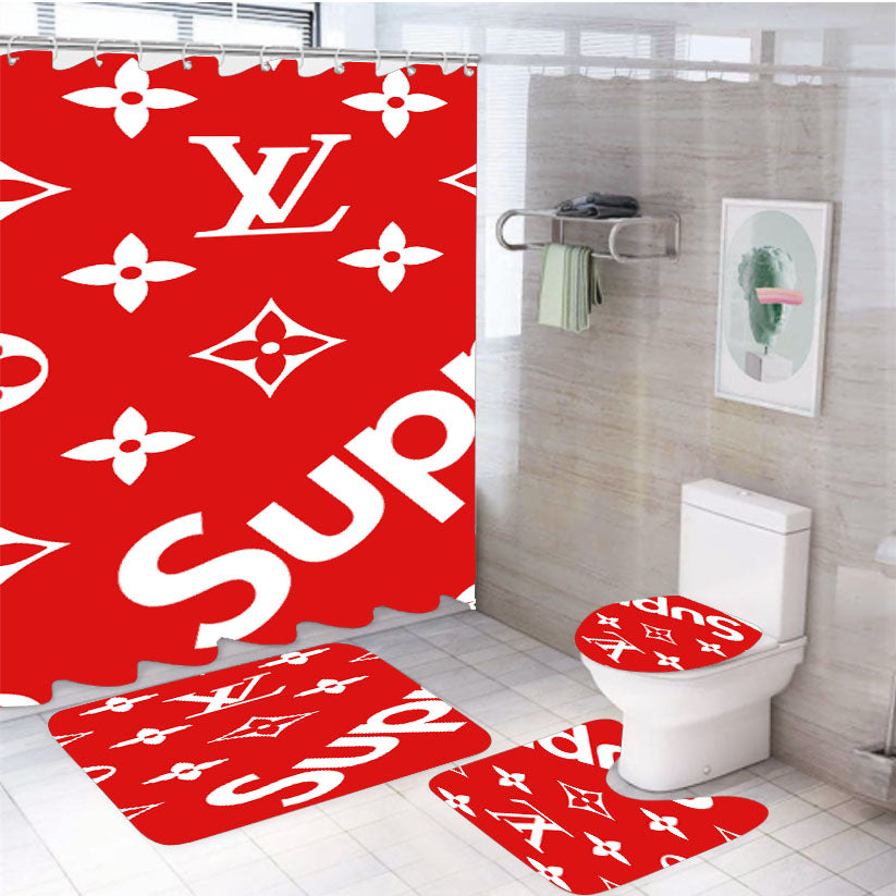 Big Supreme Louis Vuitton 4Pcs Bathroom Non-Slip Rugs Shower Curtain Fabric Waterproof