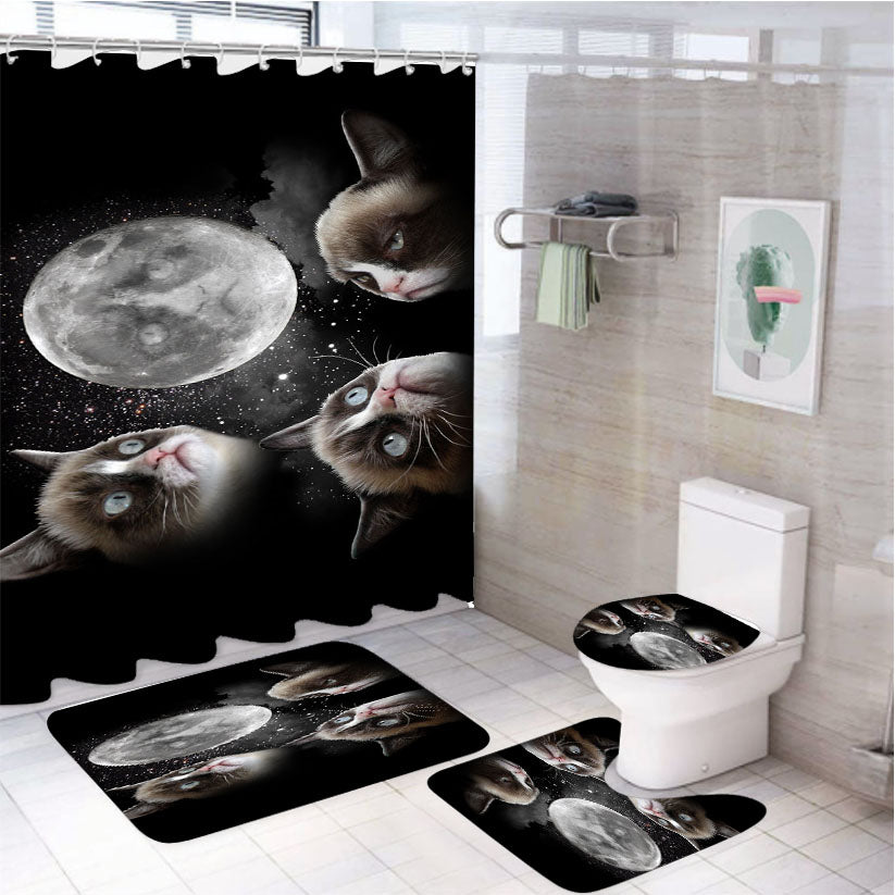 Black Grumpy Cat Like A Moon  4Pcs Bathroom Set Shower Curtain