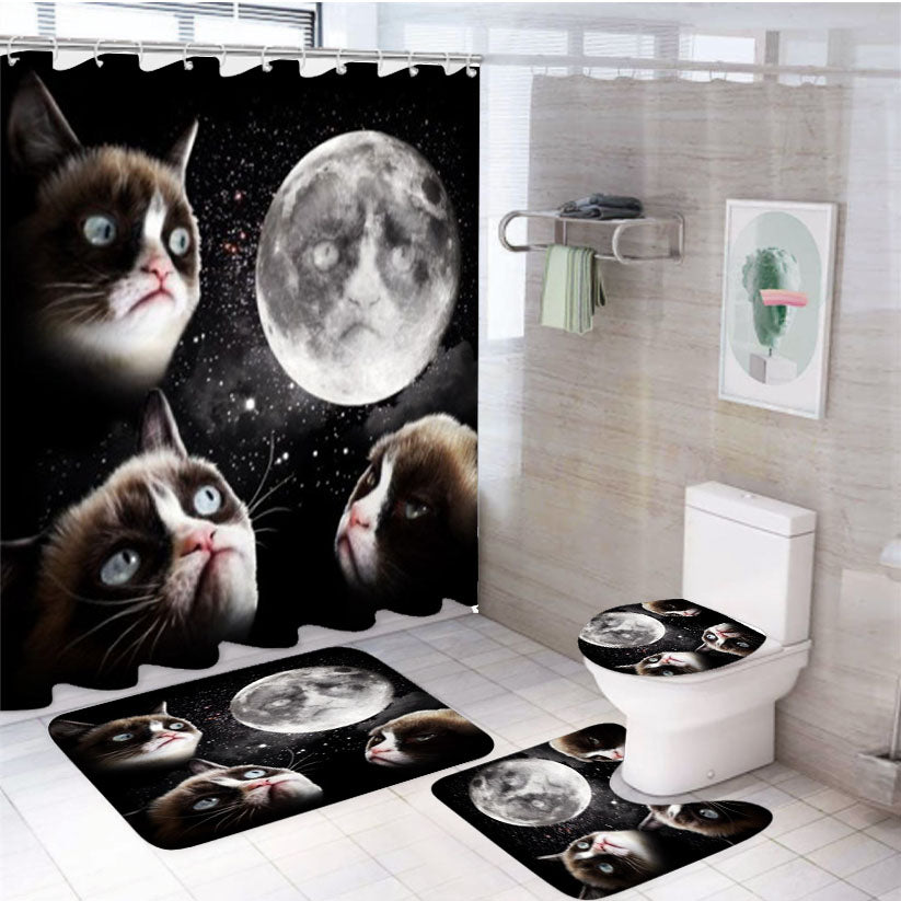Black Grumpy Cat Like A Moon 3 4Pcs Bathroom Set Shower Curtain