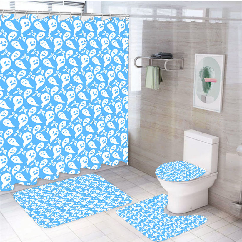 Blue Ghosts Pattern Halloween 4Pcs Bathroom Set Shower Curtain