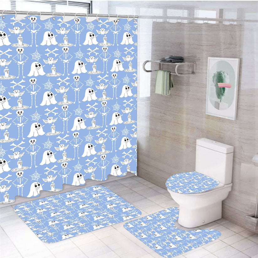 Blue Pattern Halloween Ghost Skeleton 4Pcs Bathroom Set Shower Curtain