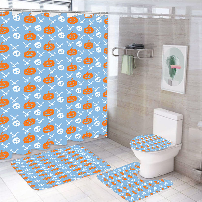 Blue Pattern Pumpkins Bone And Head Skeleton Halloween 4Pcs Bathroom Set Shower Curtain
