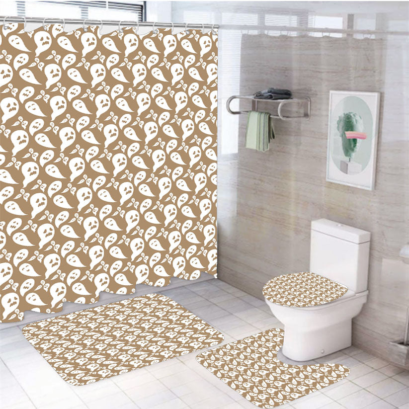 Brown Ghosts Pattern Halloween 4Pcs Bathroom Set Shower Curtain
