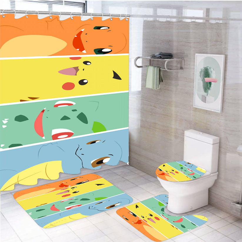 Bulbasaur Squirtle Charmander Pikachu 4Pcs Bathroom Set Shower Curtain