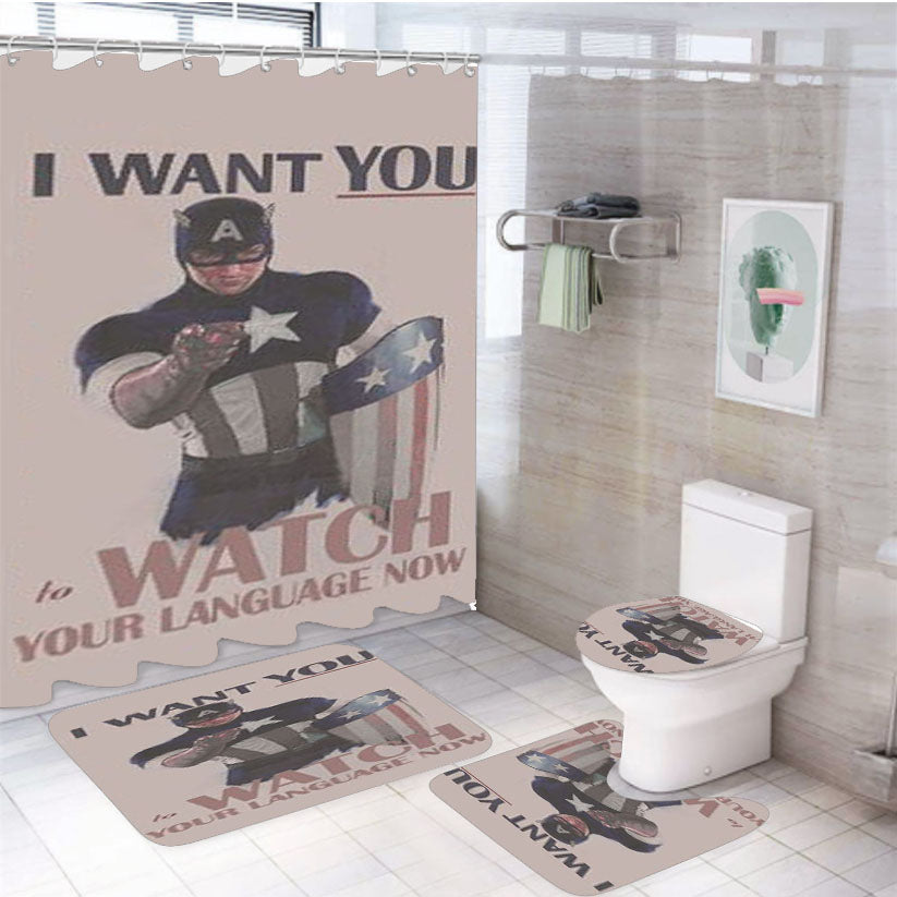Captain America Watch Language Quotes 4Pcs Bathroom Set Shower Curtain