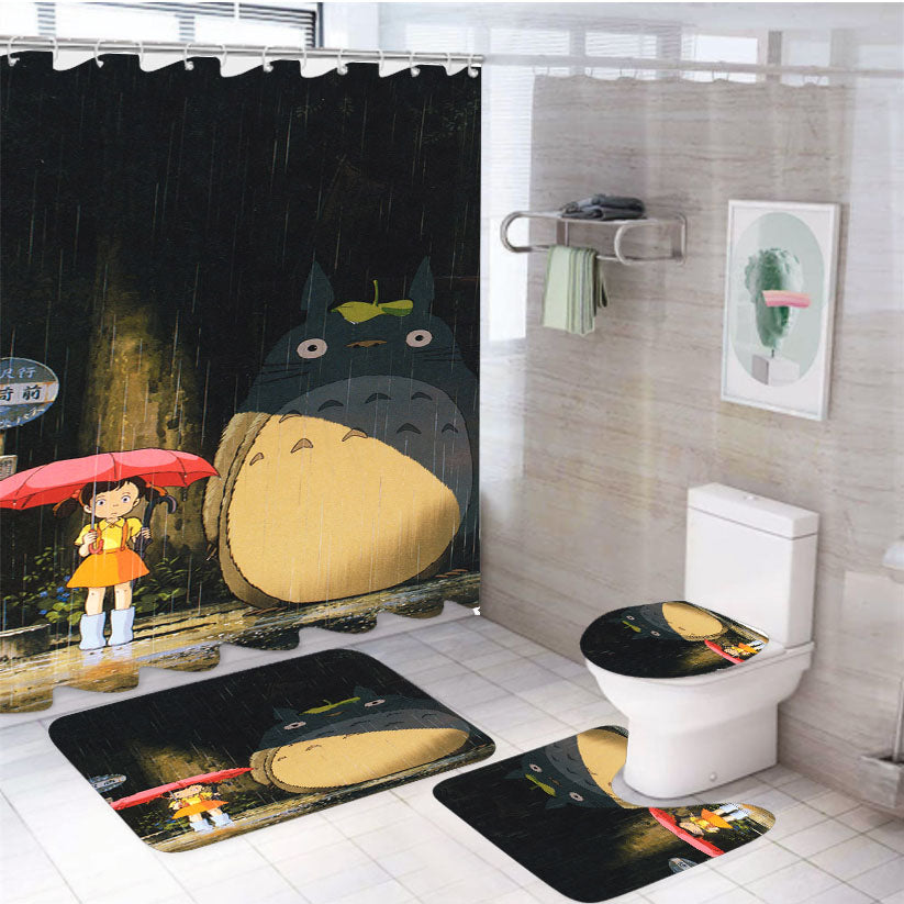 Cartoon Totoro Rain  4Pcs Bathroom Set Shower Curtain
