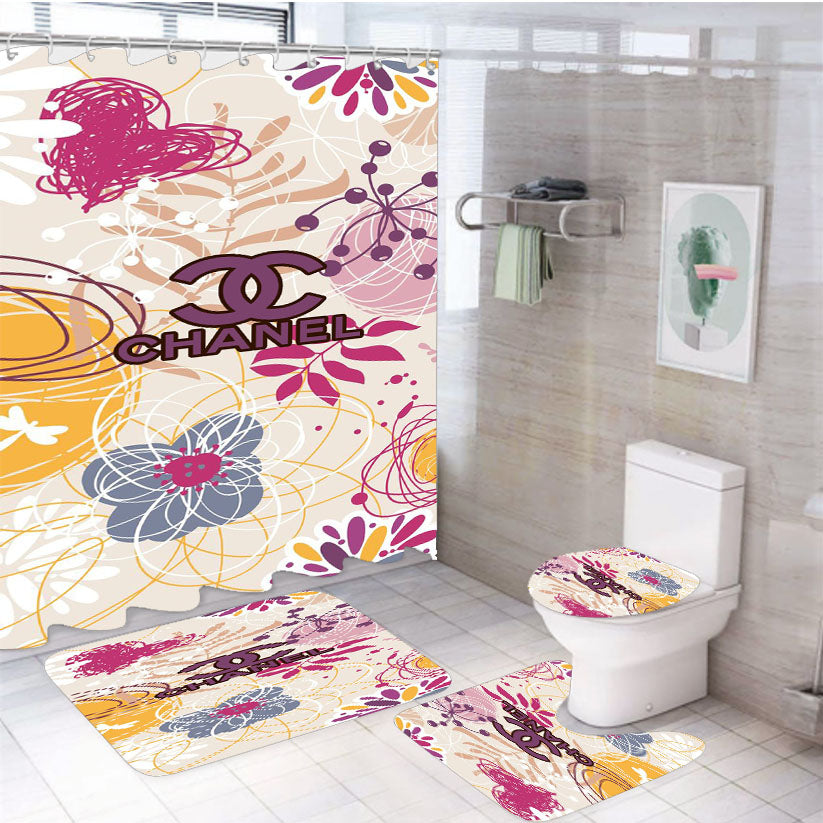 Chanel Latte Colour Mix Floral 4Pcs Bathroom Set Shower Curtain