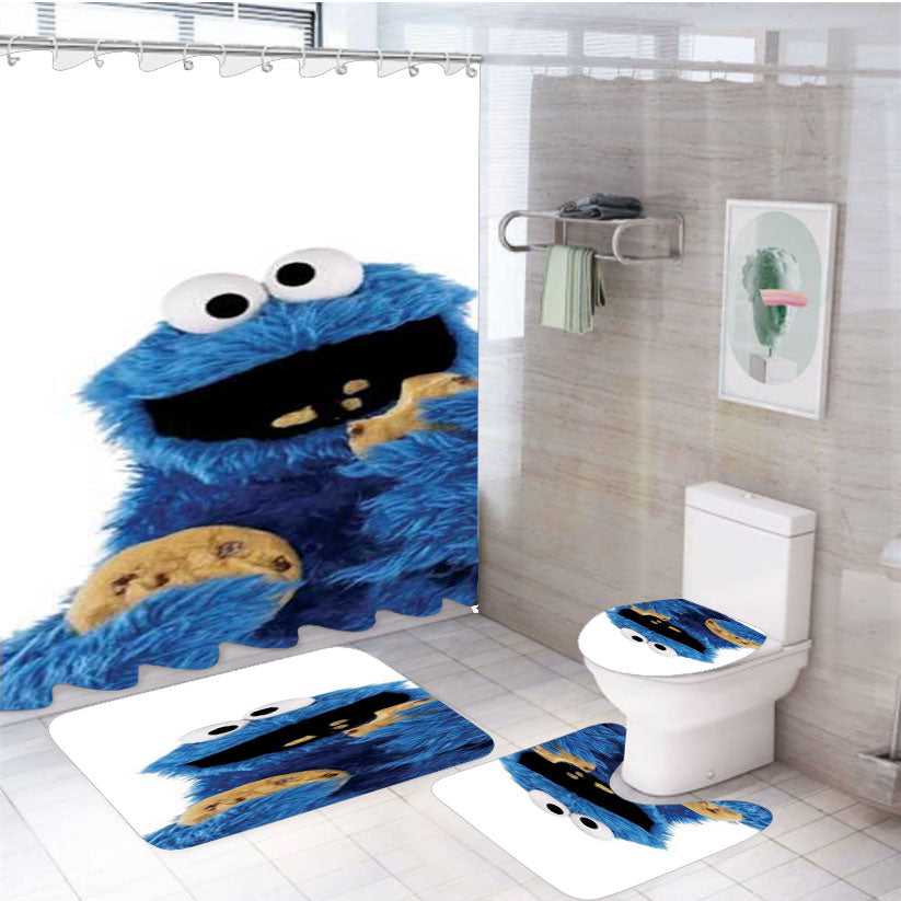 Cookie Monster Plain Wht 4Pcs Bathroom Set Shower Curtain