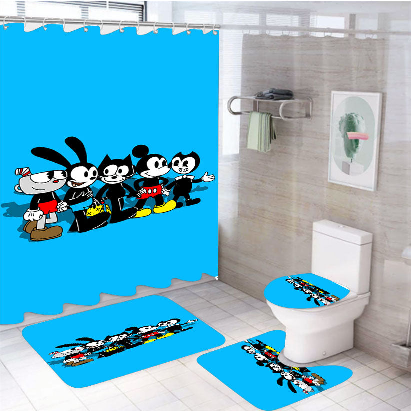 Cuphead Oswald Felix Mickey Bendy Walking Together 4Pcs Bathroom Set Shower Curtain