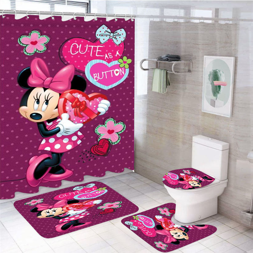 Cute As A Button Minnie 4Pcs Bathroom Non-Slip Rugs Shower Curtain Fabric Waterproof