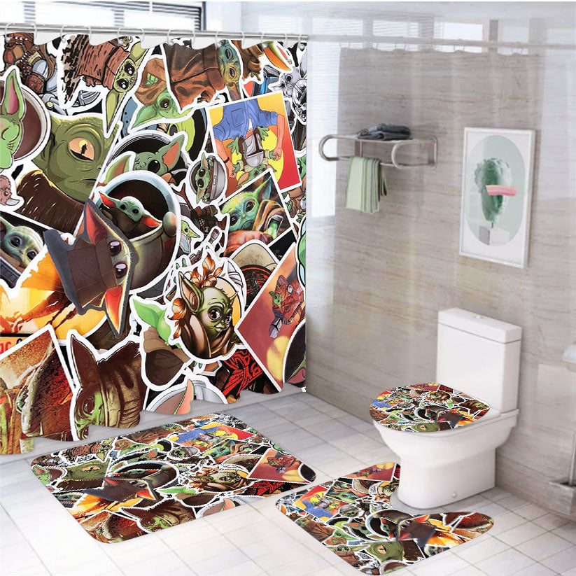 Cute Baby Yoda Star Wars The Mandalorian Stickers 4Pcs Bathroom Set Shower Curtain