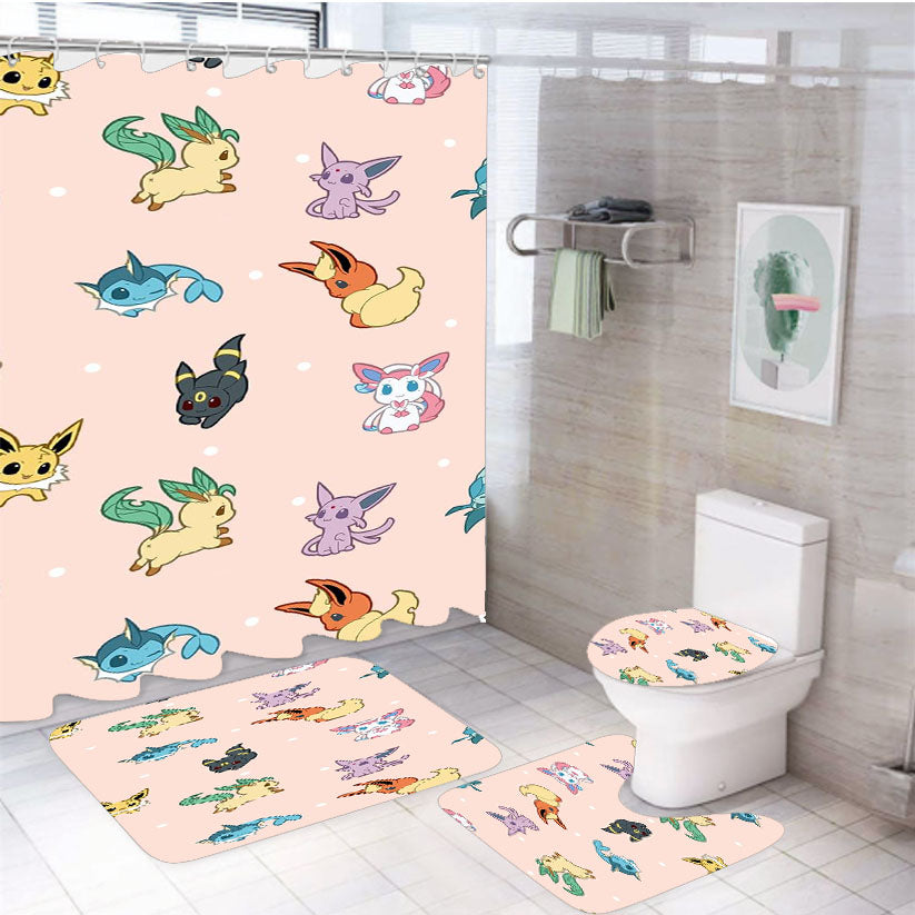 Cute Eevee Pokemon Eeveelutions Pattern 4Pcs Bathroom Set Shower Curtain