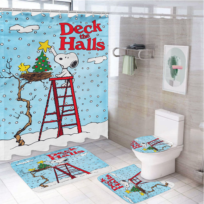 Deck The Halls Snoopy And Woodstock Christmas 4Pcs Bathroom Set Shower Curtain