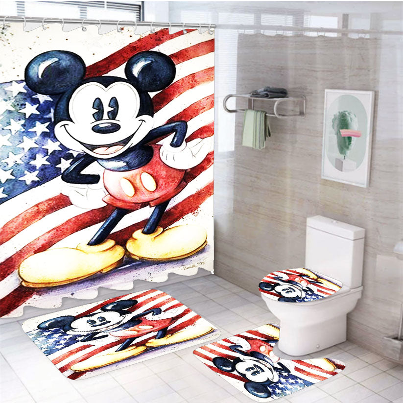 Dinsey Mickey Mouse Retro Usa Flag 4Pcs Bathroom Set Shower Curtain