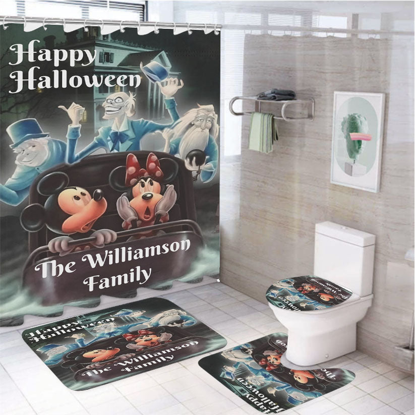 Disney Haunted Mansion Doombuggy With Mickey Mouse And Minnie Mouse 4Pcs Bathroom Set Shower Curtain