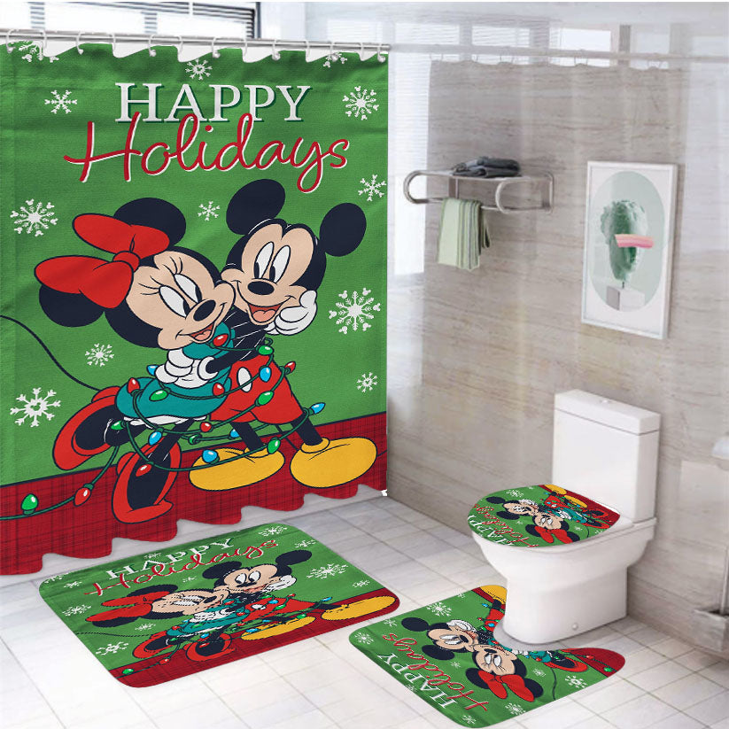 Disney Mickey And Minnie Christmas Light Tangle 4Pcs Bathroom Set Shower Curtain